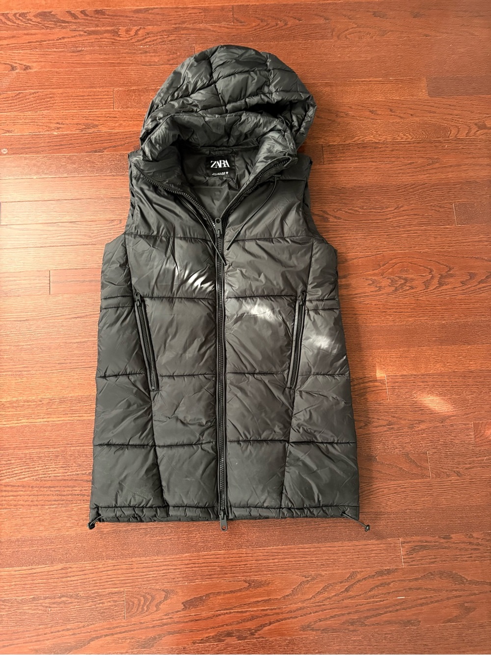 ZARA long Black Quilted Hooded Puffer Vest - women’s small